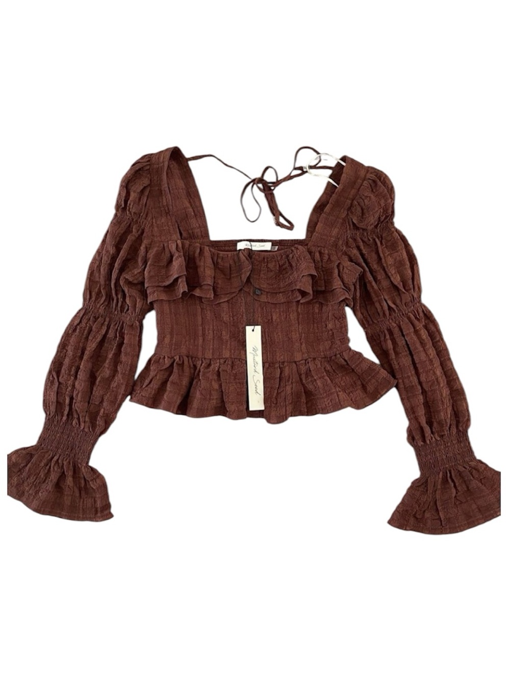 Mustard Seed Boho Brown Top Size S Seersucker Long Sleeves Ruffles Smocked Back
